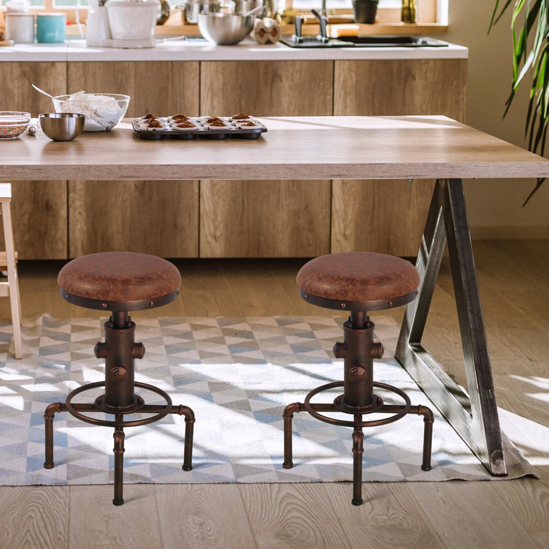 American Antique Vintage Industrial Barstool PU Leather Water Pipe Fire Hydrant Design Cafe Coffee Industrial Bar Stool Set of 2 Williston Forge